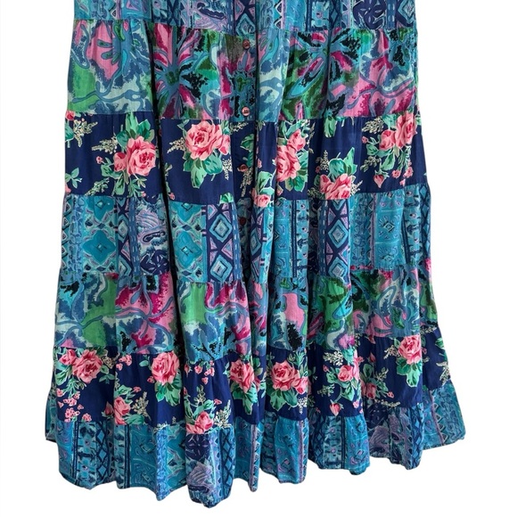 Vintage 80s/90s Together! Blue Floral Patchwork Rayon Maxi Shirt Dress Sz M - Picture 2 of 6